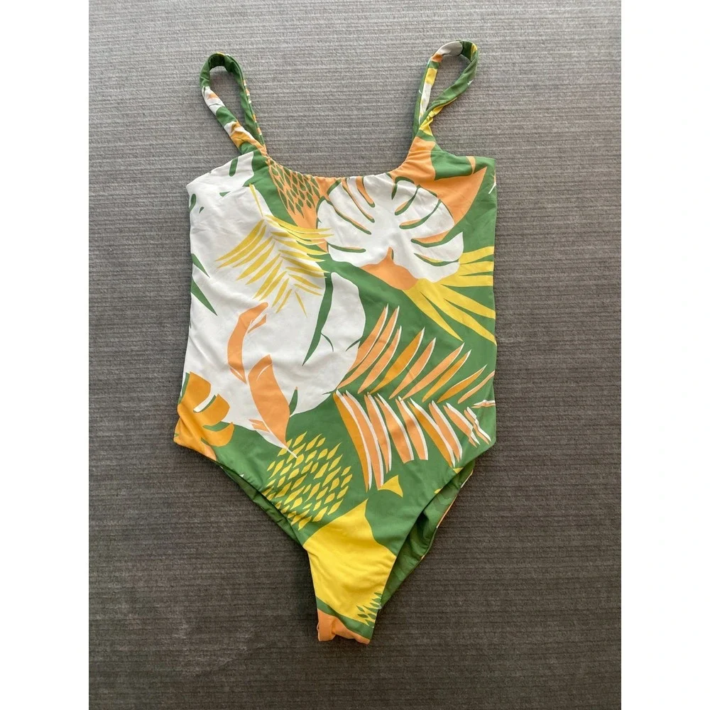 Roxy One Piece Bathing‎ Suit Women XL Green Palm Reversible Vacation High Cut